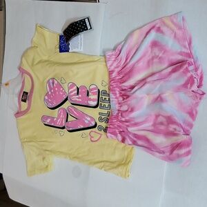 2pc set Girls shorts + Shirt Angel Face yellow pink  Tye dyed sleep wear